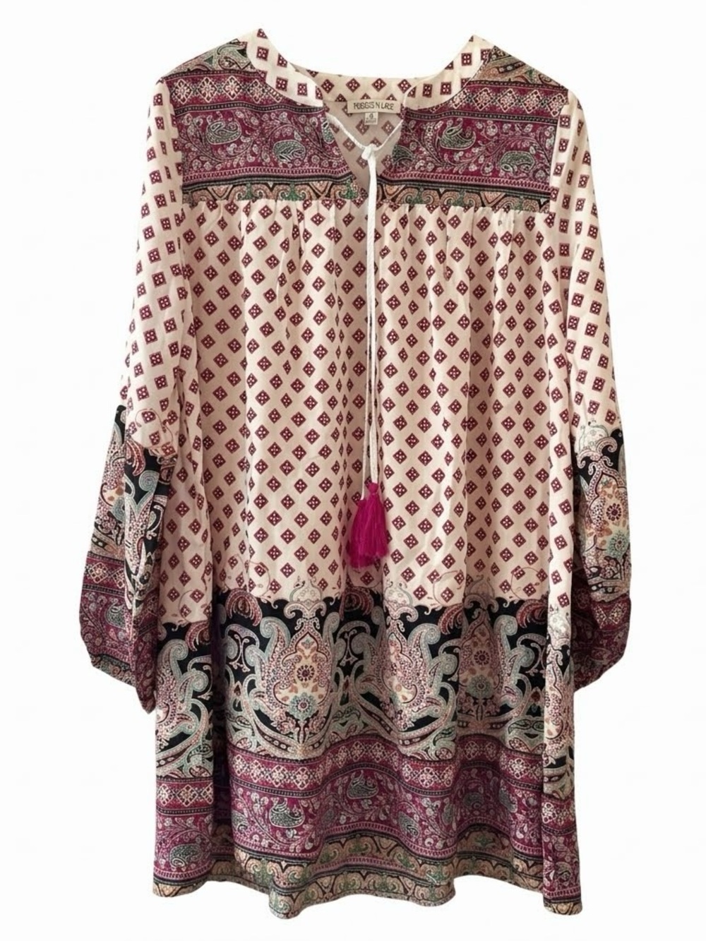 Tassels N Lace Tunic Dress Colorful Mixed Print Festival Cottage Boho Prairie M
